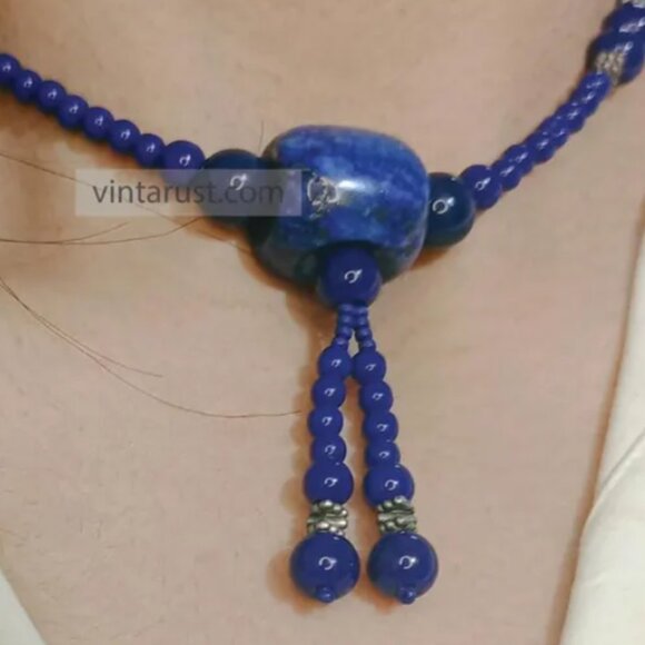 Handmade Lapis Lazuli Beaded Necklace: Boho Tassel Statement Jewelry - Picture 4 of 5